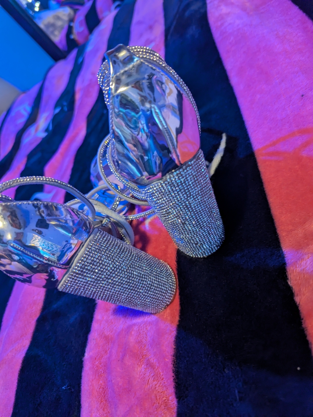 Silver Rhinestone Block Heel Sandals - Women's Glam Evening Shoes